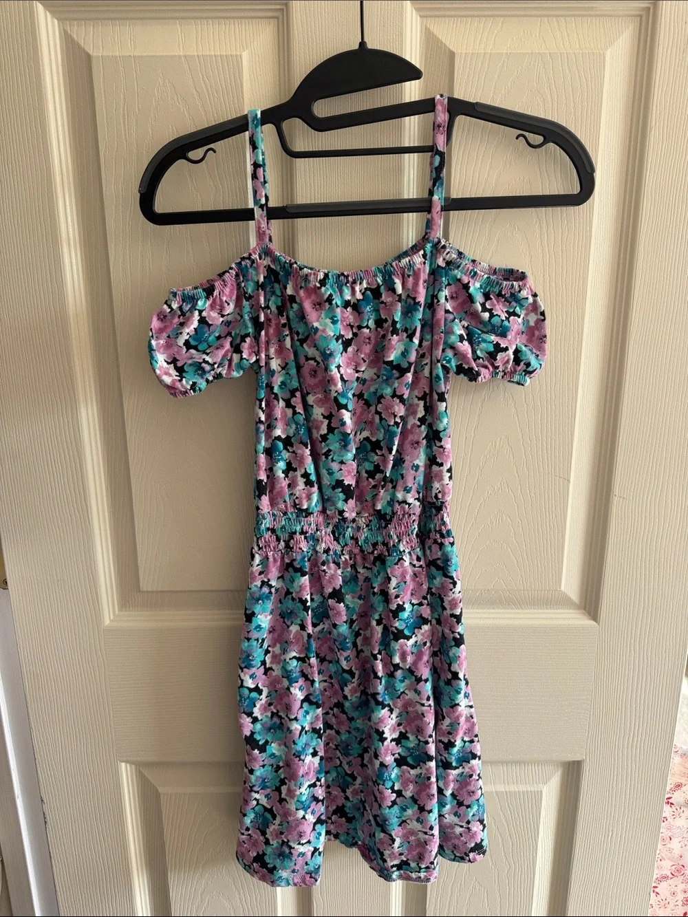 SO Girls Floral Cold-Shoulder Dress in Purple and Teal